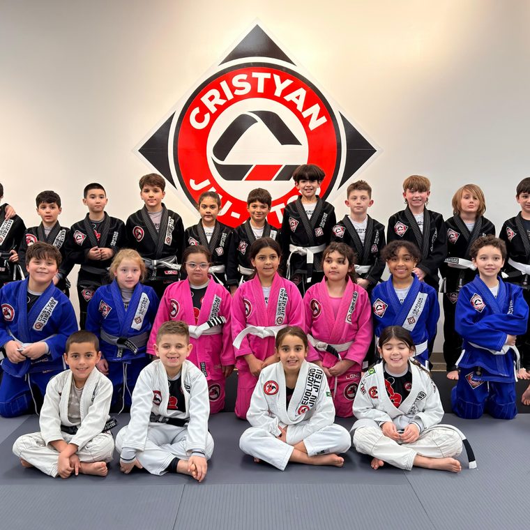 A large group of children in white, pink, blue and black gis posed together on the training mats.